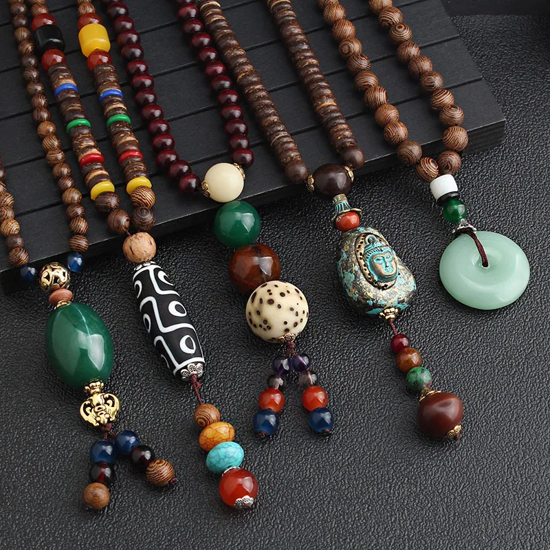 

Simple Versatile Ethnic Style Sweater Chain, Long Buddha Bead Necklace, High-End Wooden Cotton Linen Accessories For Men And Wom