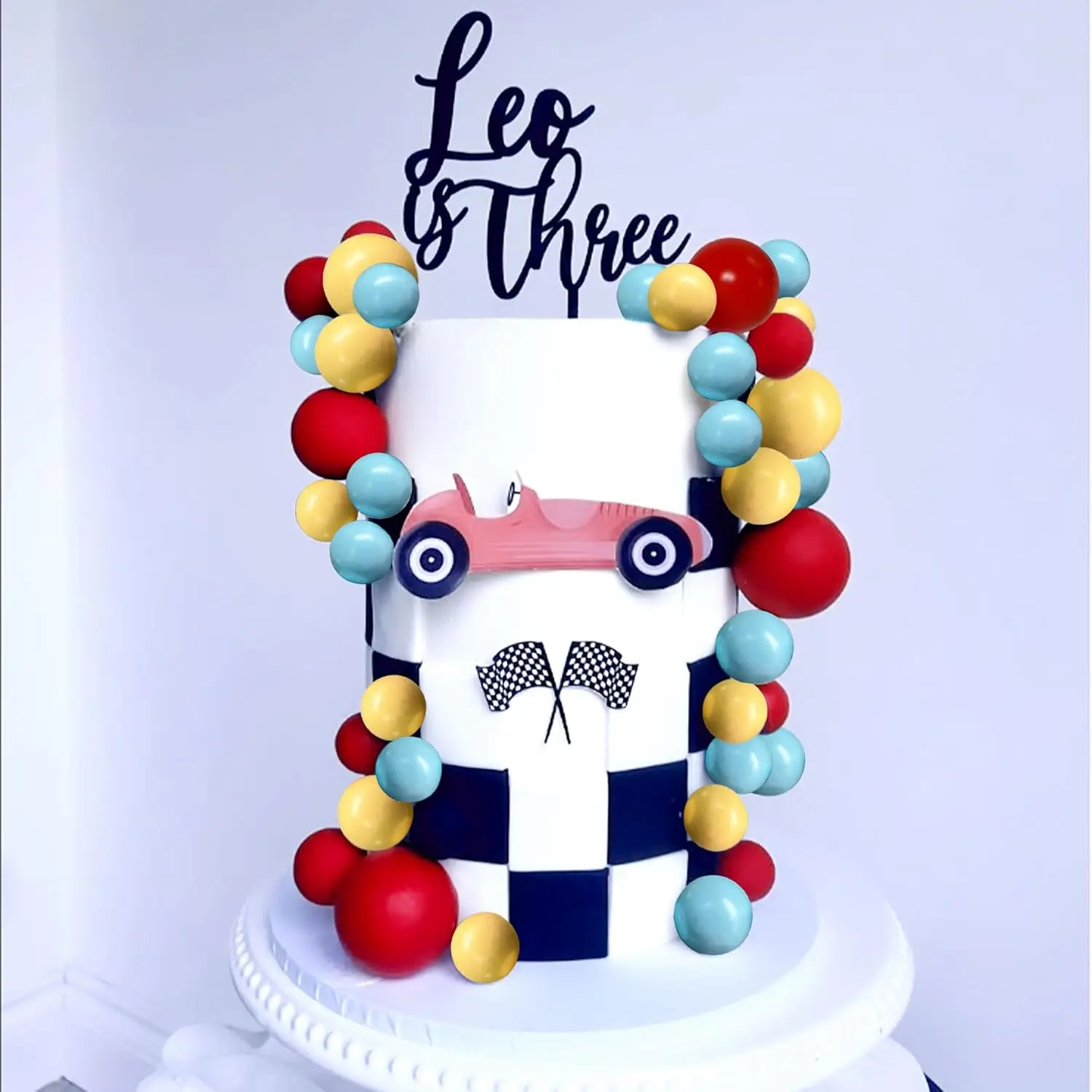 مجموعة واحدة من زينة كعكة عيد الميلاد لسيارة السباق باللون الأحمر والأصفر والأزرق وكرات الكيك لسباق السيارات وأعياد الميلاد للأولاد والبنات وديكور استحمام الطفل