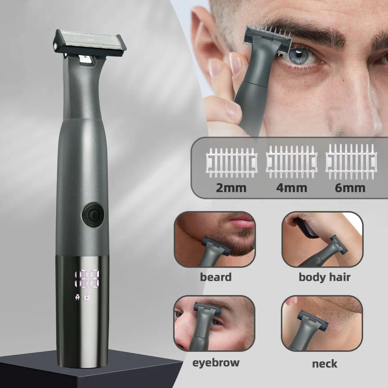 

Precision 4-in-1 Eyebrow Trimmer for Men: Beard, Body Hair, Neck, Rechargeable LED Display Grooming Kit
