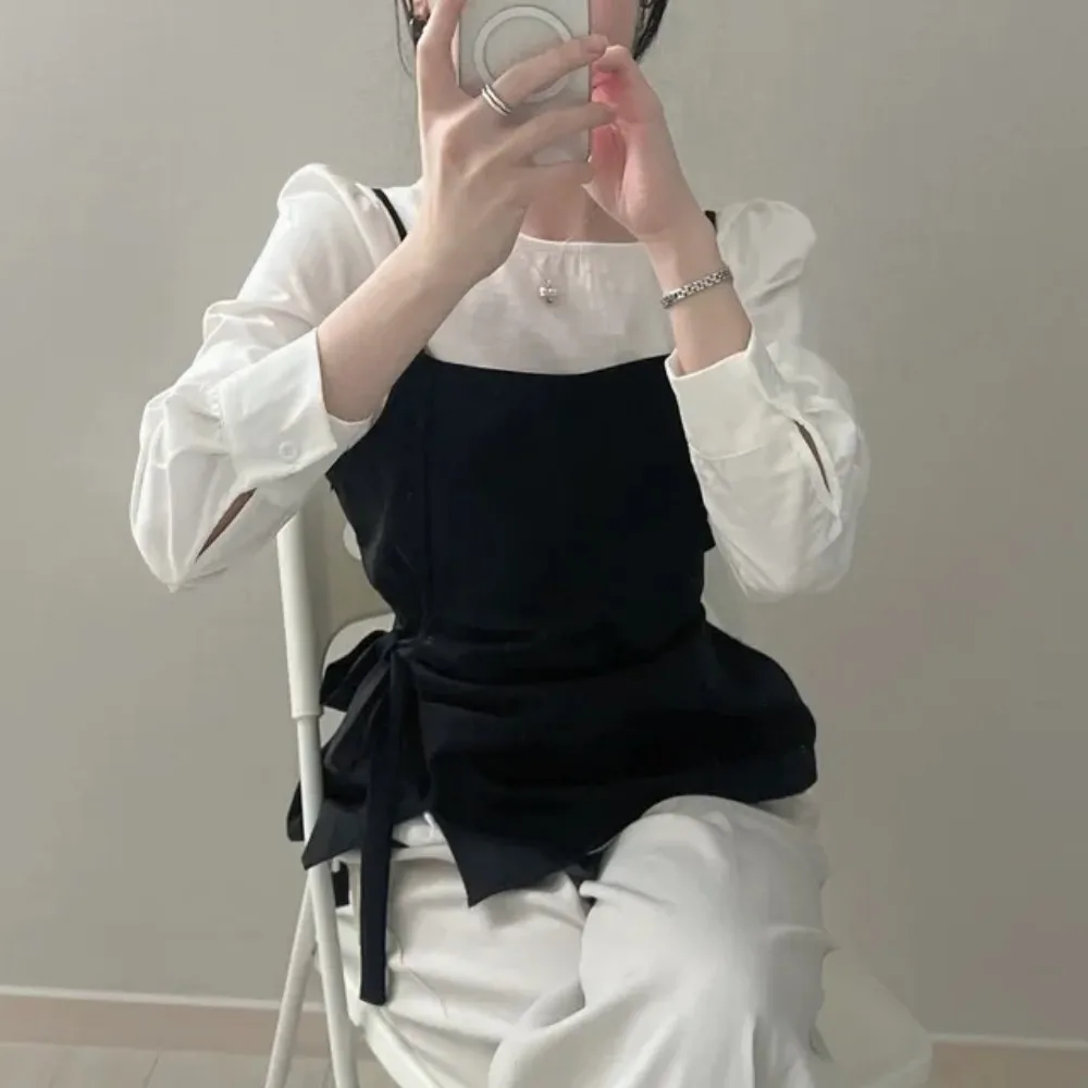 Dames Lange Sve irt Knoop Tie Top + Basislaag Lange Sve Blouse Tweedelige Set Herfst Lente Seizoen Koreaanse Sle