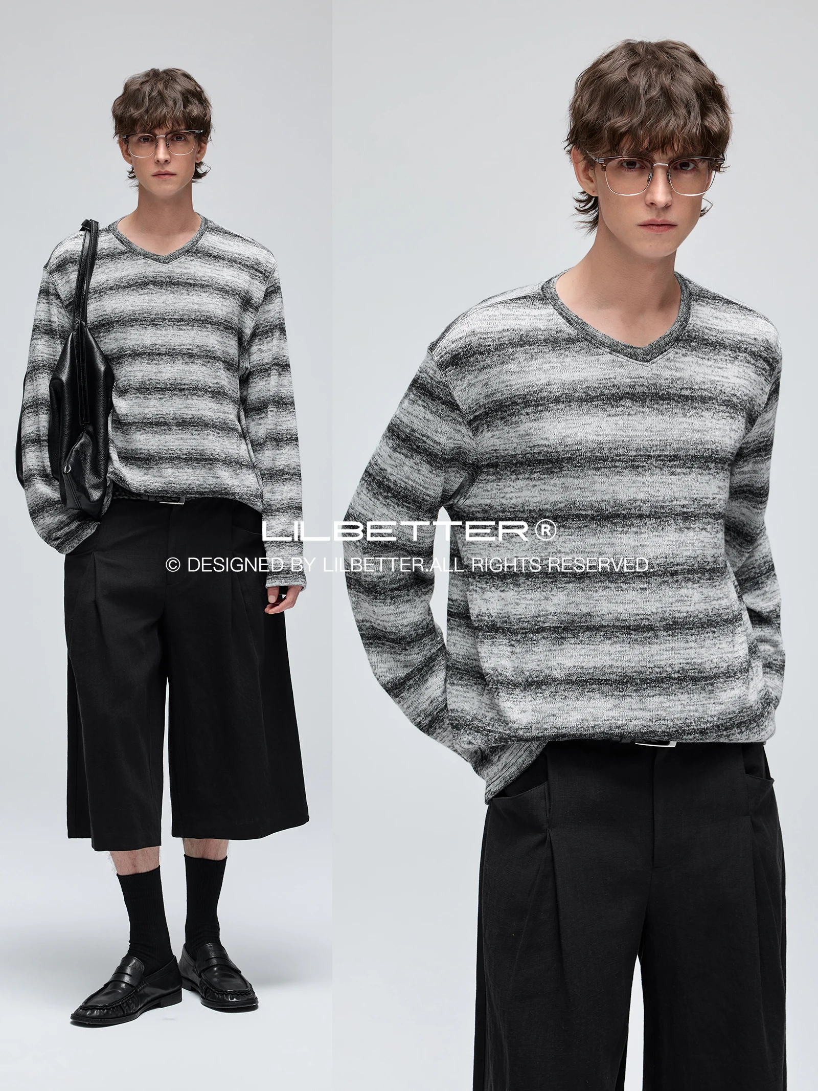 Lilbetter Gradient Color Block Knitted Long Sleeve T-Shirt Casual Loose Fit V-Neck Pullover Top for Young Men And Women