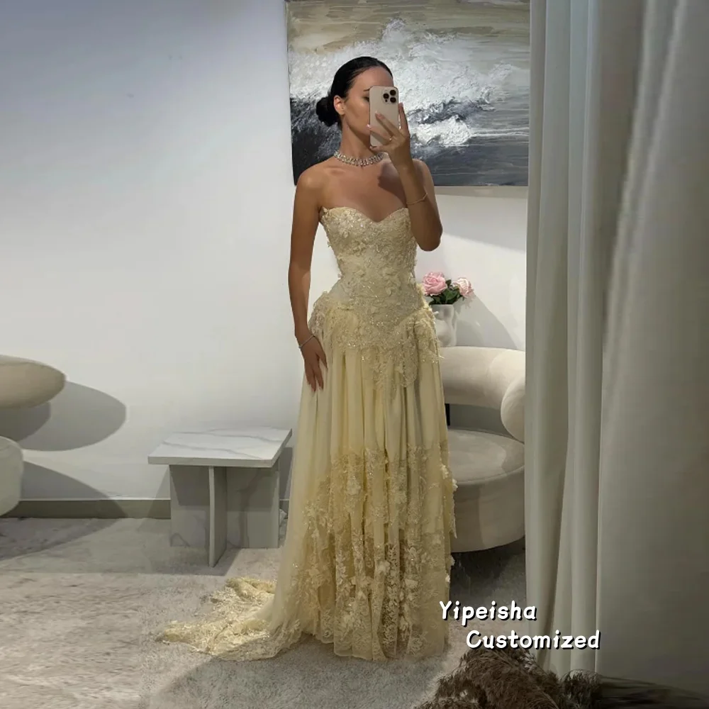 فستان حفلة موسيقية مطرز بالترتر الأصفر مخصص بدون حمالات بدون ظهر فيستدوس دي نوش بطول الأرض للسهرات الرسمية #4
