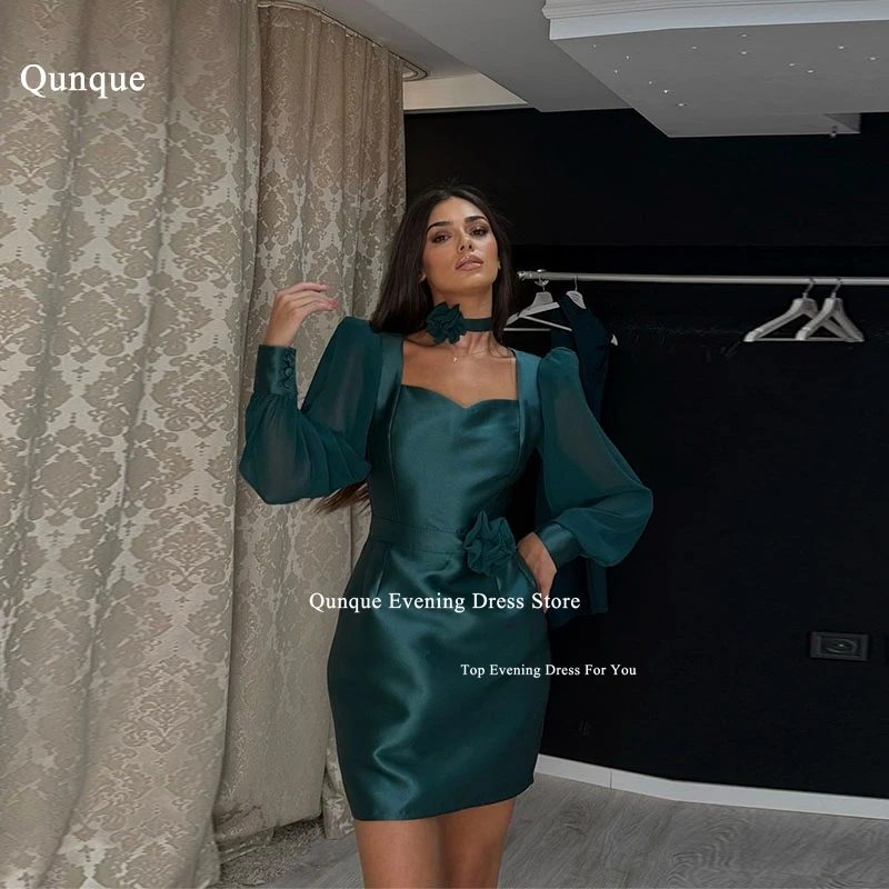 

Qunque Sexy Mini Satin Evening Dresses Above Knee Organza Puff Sleeves Prom Dresses Belt With Flower Women Prom Gowns Customized