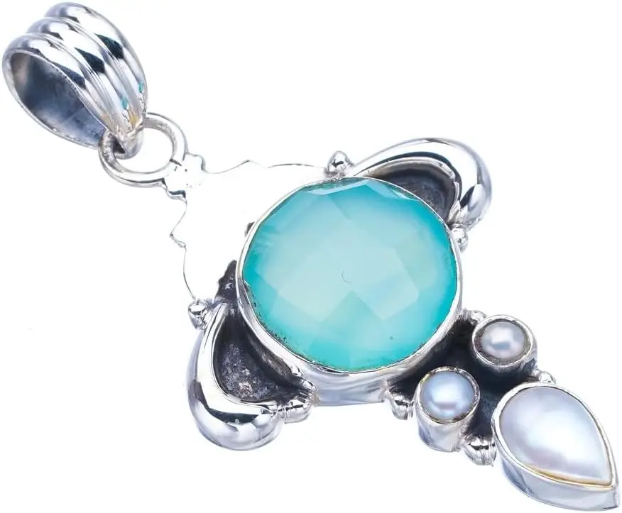 

Hesy Natural Chalcedony River Pearl HornsHandmade 925 Sterling Silver Pendant 1.75" F3977