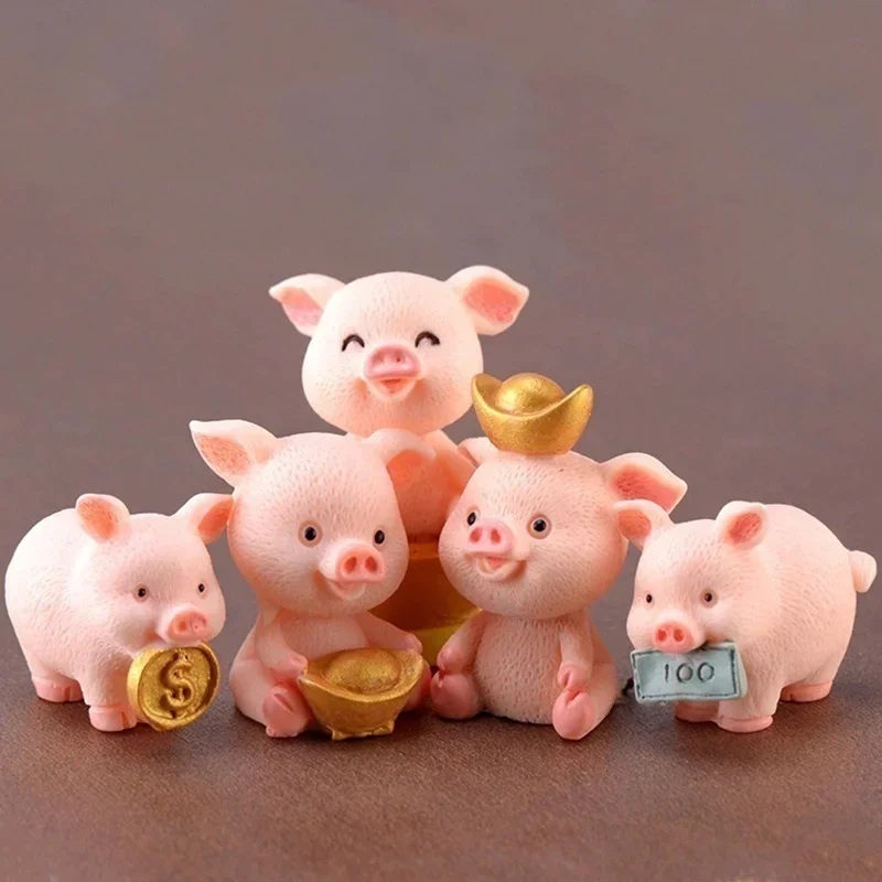 5Pcs Micro Pig Family Figurine Resin Ornaments Miniature Model Mini Animal Statue Bonsai Decoration Garden Home Decor