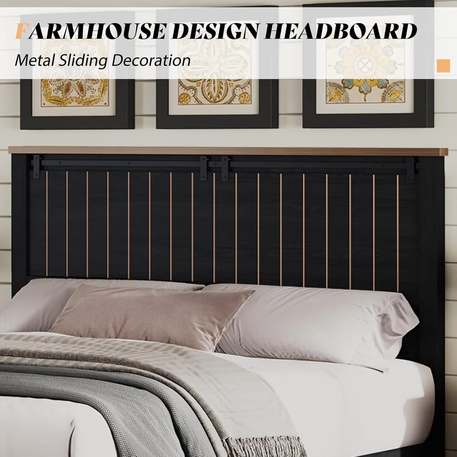 إطار سرير بحجم كوين للمزرعة مع باب حظيرة منزلق، إطار سرير بمنصة ريفية خشبية مع لوح رأسي طويل القامة مقاس 47 بوصة، خالي من الضوضاء، سول