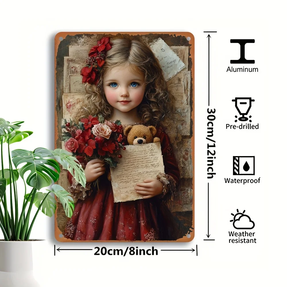 1pc of vintage Victorian tin signage with teddy bear and bouquet - Aluminum metal wall  waterproof and weatherproof