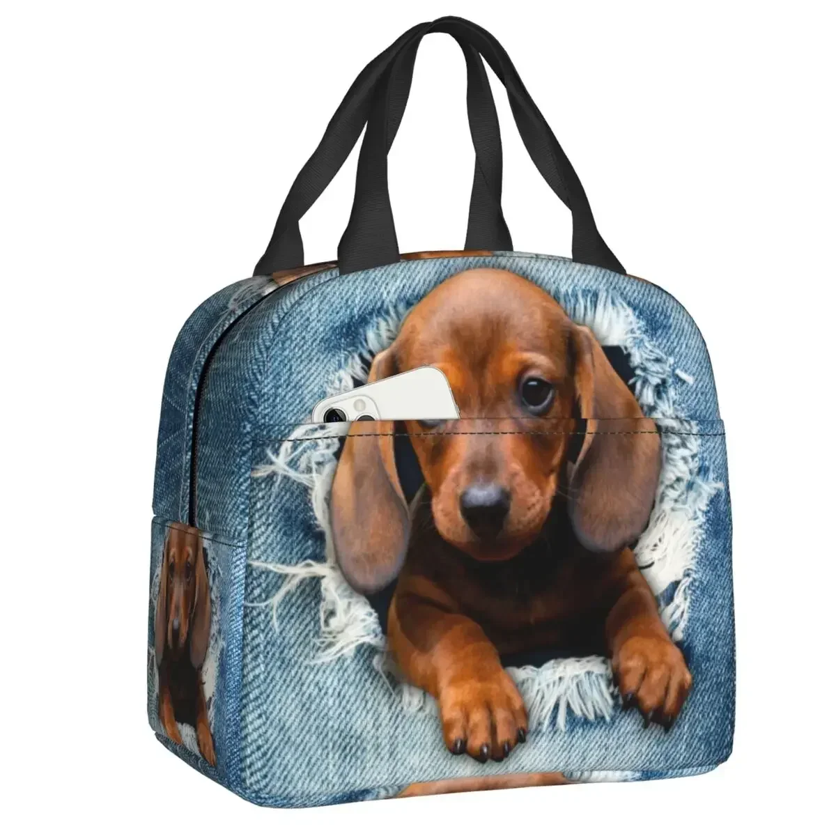 Dachshund Dog Torn Jean Insulated Lunch Tote Bag Wiener Badger Sausage Dog Resuable Thermal Cooler Food Lunch Box Work School