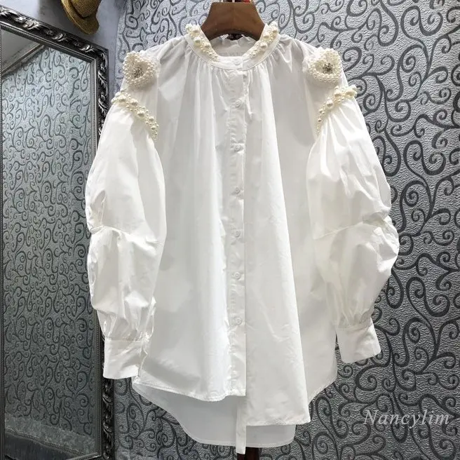 Loose Long White Blouse for Women 2023 Spring Love Beads Lantern Sleeve Shirt European and American Style Top Shirts Blusas