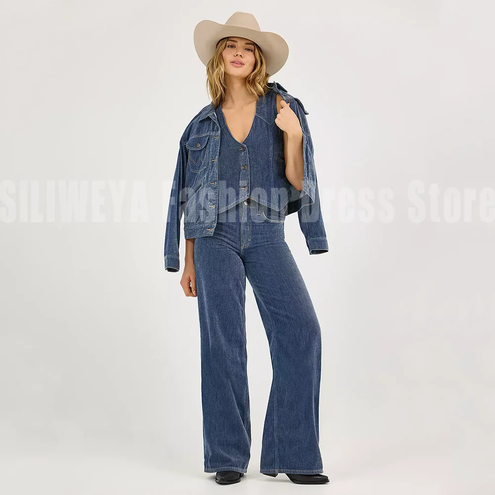 

Women‘s Denim Suit 3 Pieces Banquet Formal Work Office Daily Jacket Vest With Pants Smart Casual Trajes De Mujer Elegante