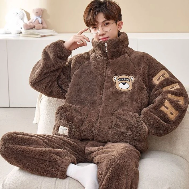 Coral Velvet Men Pajamas Winter Long Sleeve Set Casual Plus Size Loose Version Winter Thick Flannel Home Wear Cartoon Sleepwear