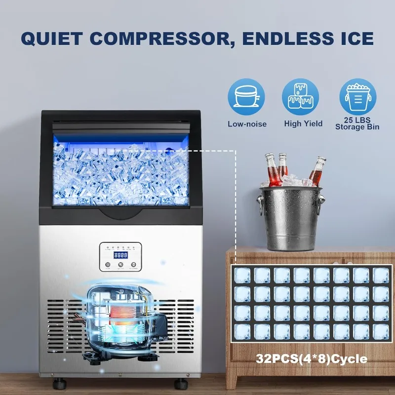 90LBS/24H Ice Maker Machine, Undercounter or Freestanding Stainless Steel Ice Machine with 25LBS, 32 Cubes/Cycle, Self-Cleaning