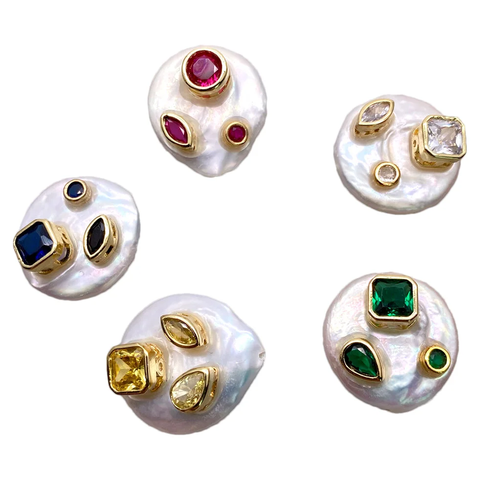 5 Pcs Cultured White Coin Pearl Bead Multi Color Cz Coin Shape For DIY Jewelry Making
