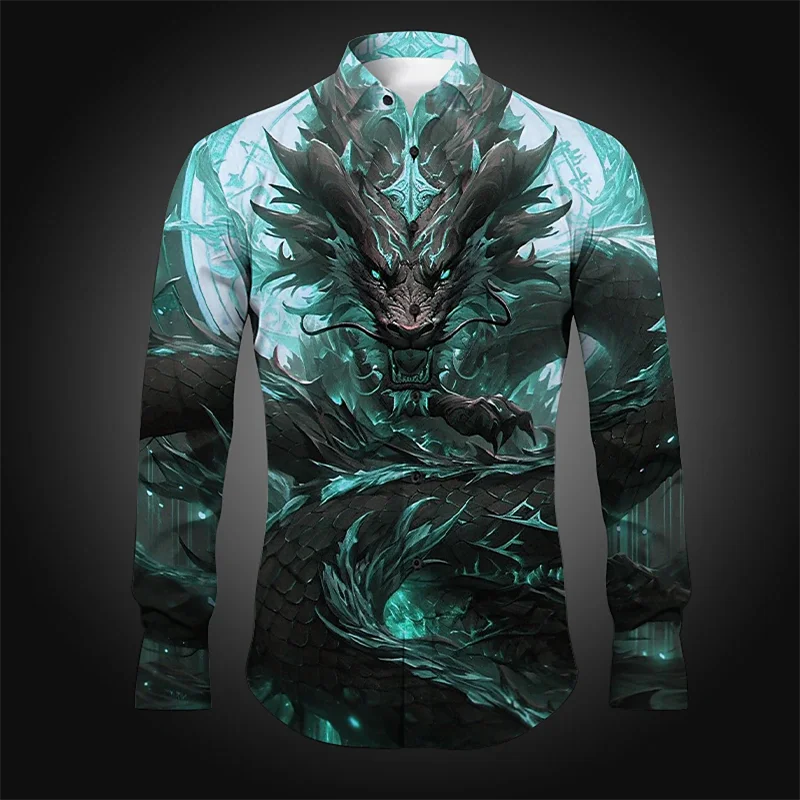 Camisa de manga larga con solapa para hombre, Top informal de diseño elegante y cómodo, abstracto de dragón, uso diario