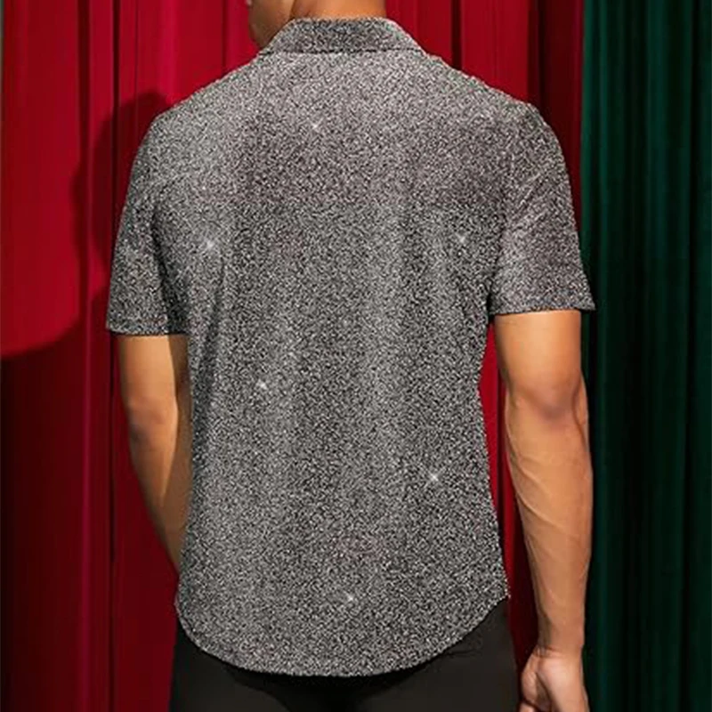 2024 Summer Fashionable Mens Glitter Shirts Short Sleeve Button-up Turn-down Collar Casual Shirt For Men Stylish Sequin Shirts