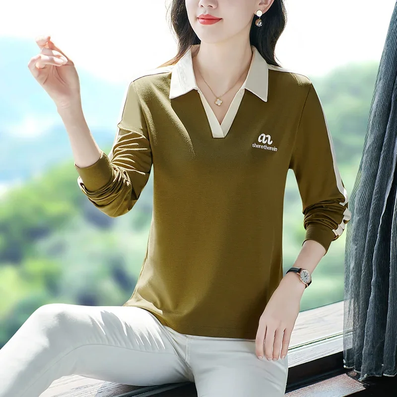 High Quality Women Polo Shirts Fashion V Neck Long Sleeve Tops Casual Shirts Female Turn Down Collar Anti-Pilling Polo Shirt