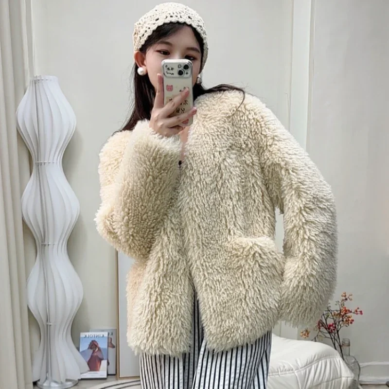 V-neck ring imitation mountain wool medium and long imitation fur coat for women