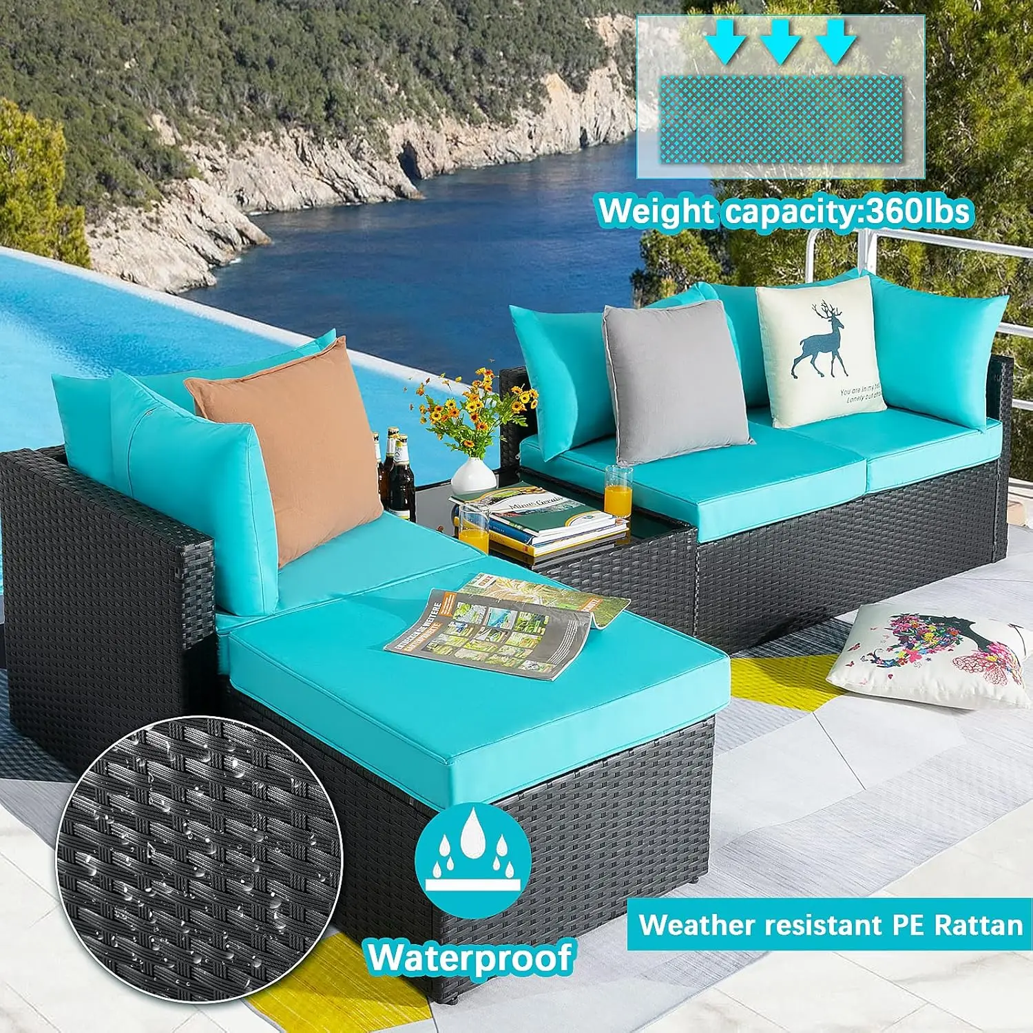 5 Pieces Patio Furniture Sets, Outdoor Sectional Sofa, All Weather Rattan Wicker Couch with Glass Table, Patio Conversation Set