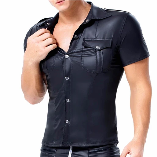 Men Latex PVC Shirt Top Sexy Open Elasticity Faux Leather Short Sleeve Shirt Nightclub Stage Bar Club Wear Fetish Erotic Costume