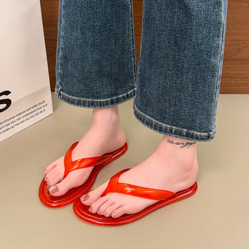 Summer New Clear Flip Flops New Ins Korean Style Non Slip Fashion Crystal Slippers Beach Seaside Vacation Thong Shoes