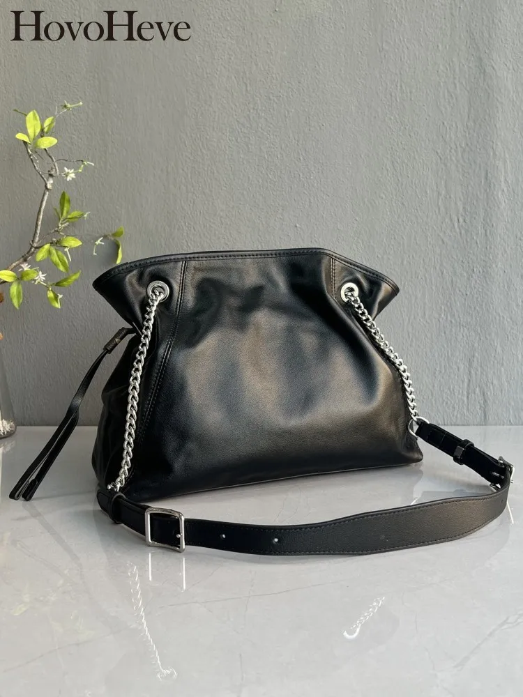 

Leisure Female Genuine Leather Crossbody Bags Ladies Drawstring Metal Chain Handbag Solid Color Cowhide Single Shoulder Bag