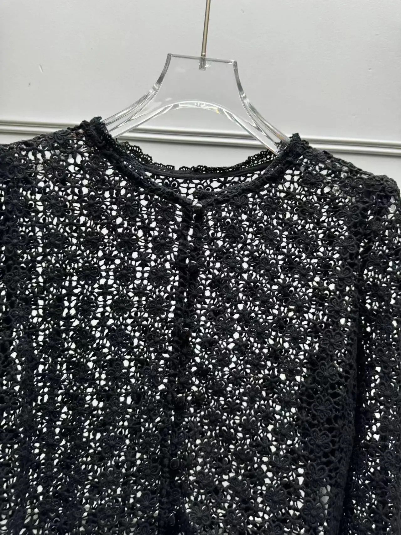 Conjunto de falda de ganchillo de encaje para mujer, Jupe Midi con abertura negra o blusa transparente de manga larga, traje calado para mujer