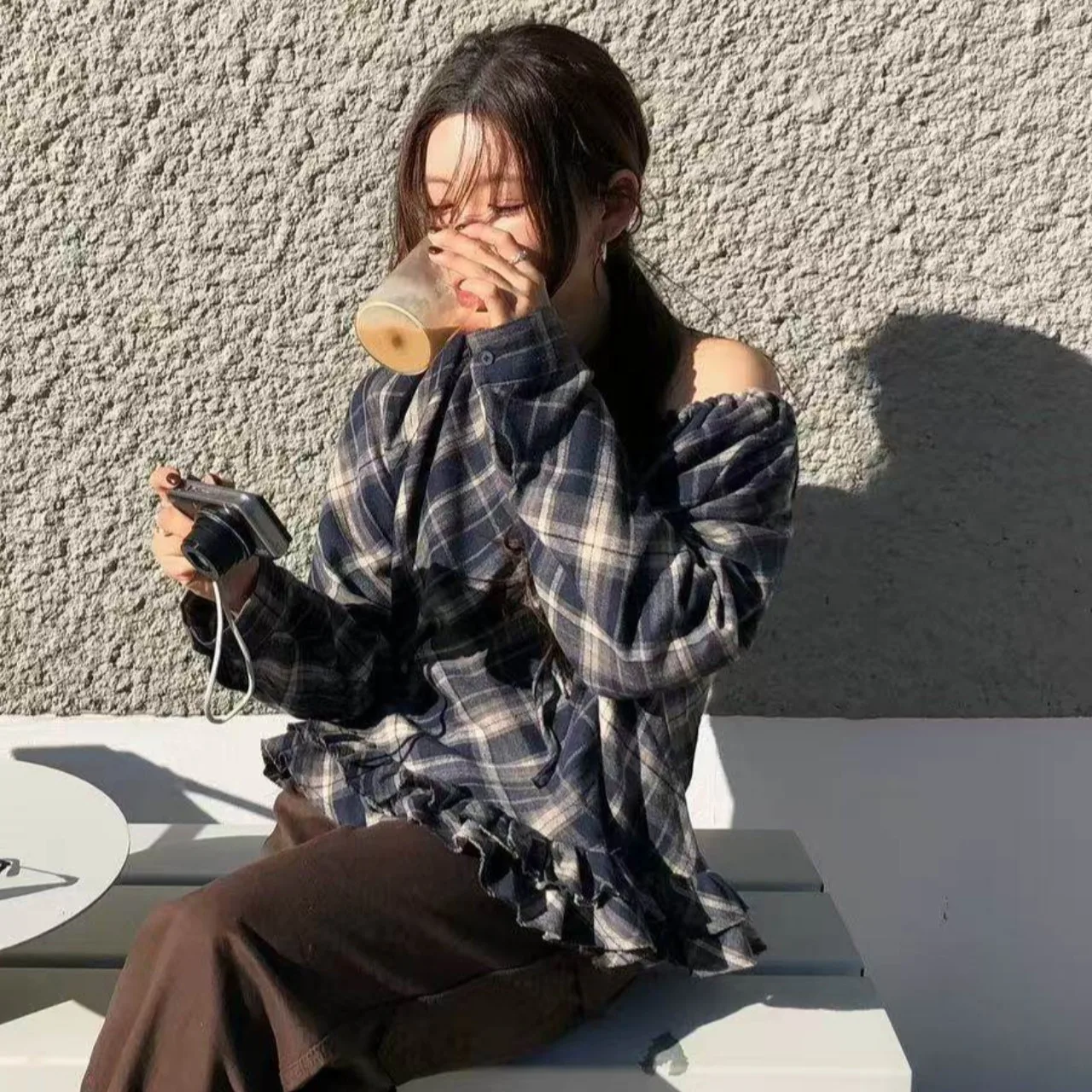 

Chic Sweet Sle One-oulder Dstring Design Loose Faionable Plaid irt Women's Spring Bubble Sve Warm Regular Thi...