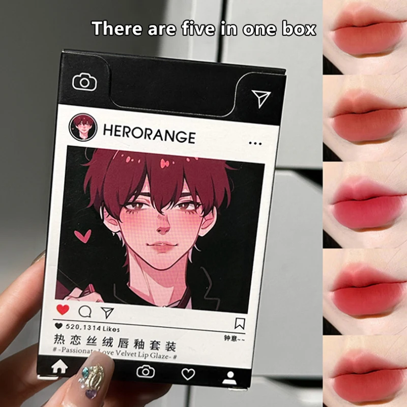 HERORANGE 5 قطعة مجموعة ملمع الشفاه الأحمر تينت ماكياج طويلة الأمد ماتي ومرآة السجائر الشفاه الصقيل مقاوم للماء أحمر الشفاه عدة مستحضرات التجميل