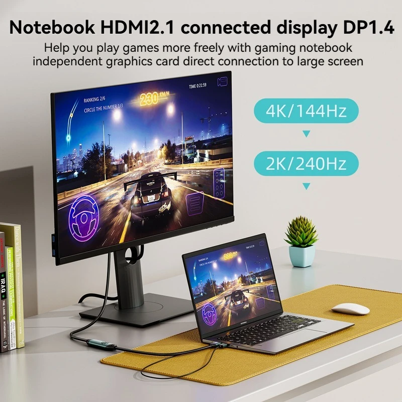 HDMI2.1 to DP1.4 Conversion Cable 4K 144Hz, 2K 240Hz with Power Supply and Fan Cooling for Connect PS5 Xbox Laptops to Monitors