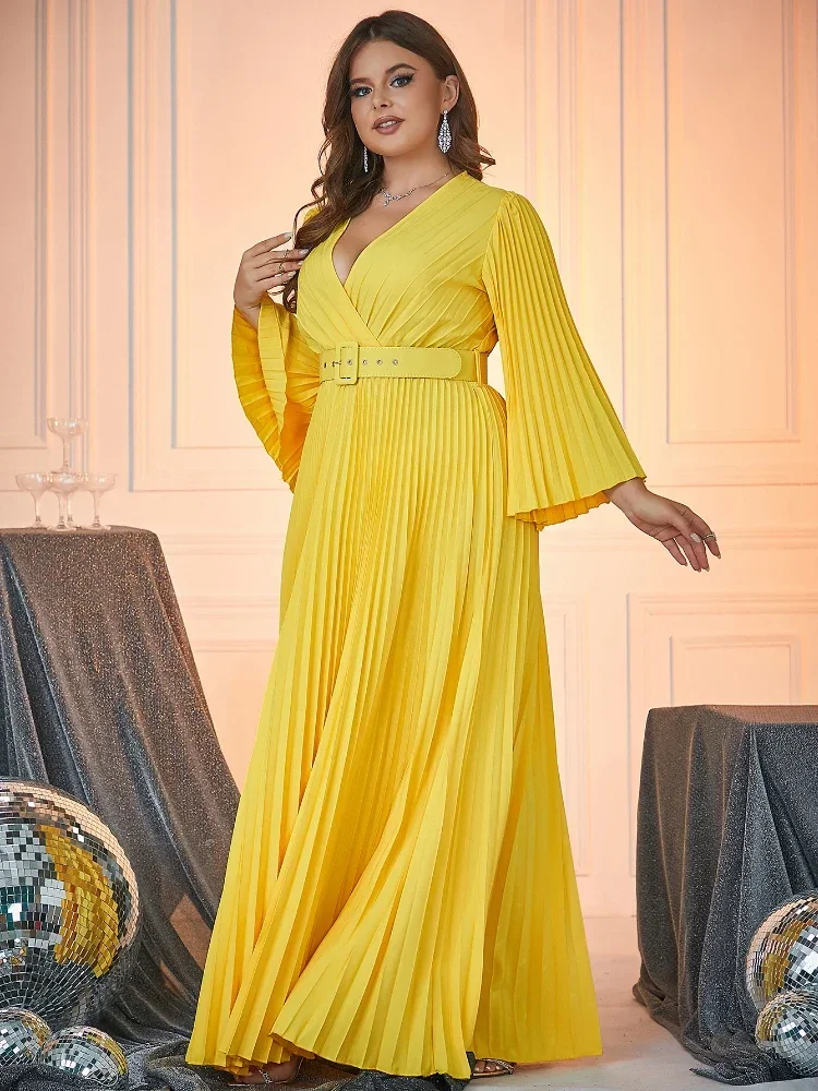 Casual Long Dress for Women Yellow V Neck Flare Sleeves Pleated A Line Office Work Evening Party Plus Size Draped Gowns 3XL 4XL