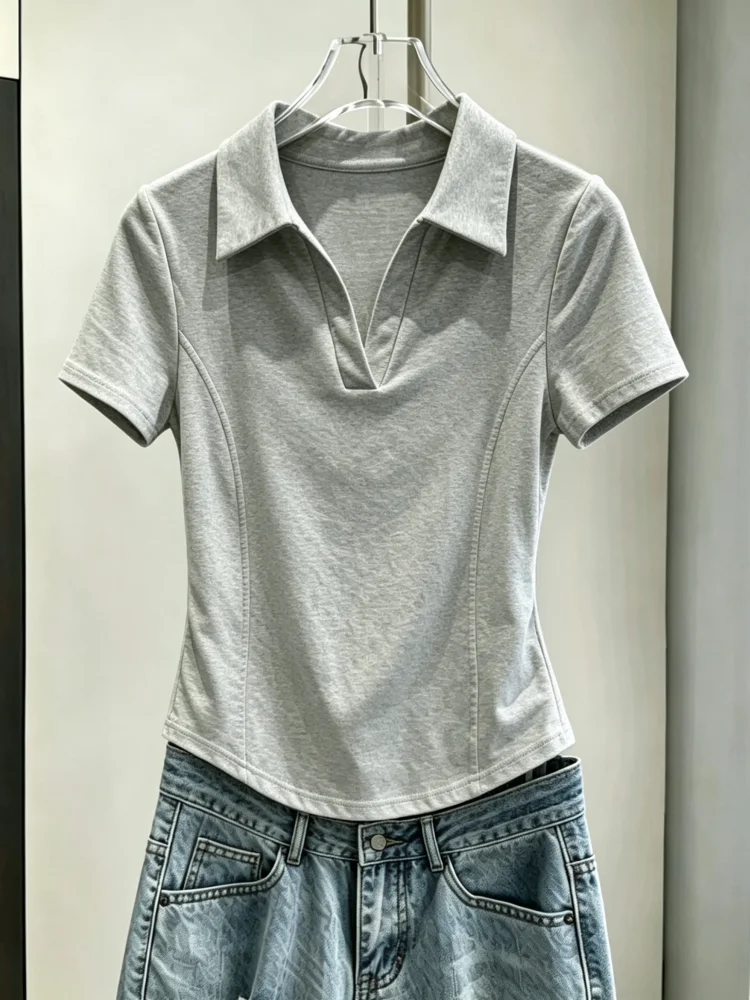95 Cotton Korean Style  Neck Short Sleeve T-Shirt Women's plus Size Slim Fit Pure Color Base Fishbone Top