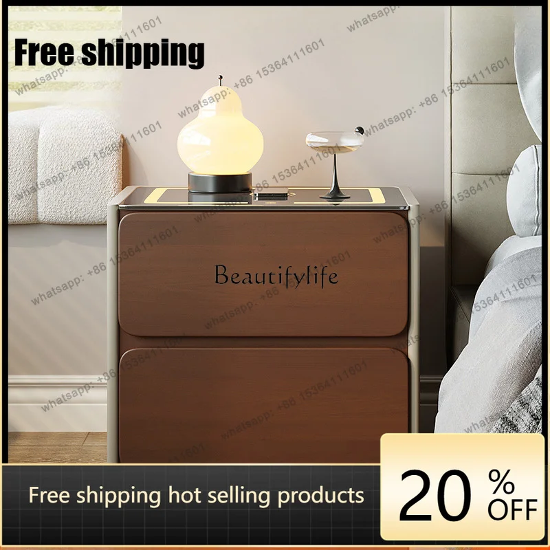 hot -Italian minimalist bedroom bedside table tempered glass drawer storage cabinet wireless charging with LED light