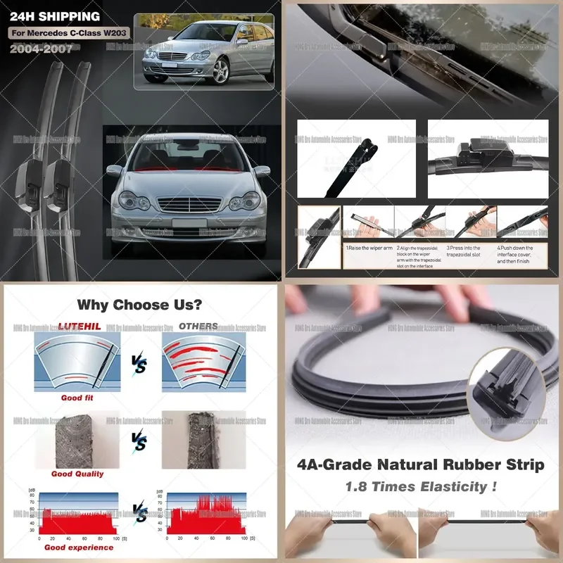 For Mercedes Benz C Class W203 2004 2005 2006 2007 Front Windshield Wiper Blades Windscreen Window Rubber Brush 22 Inch Pair