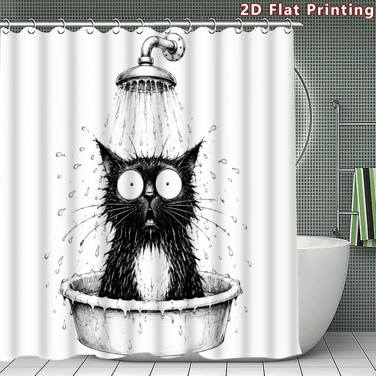 Funny Cat Shower Curtain Bathroom Novelty Liner Polyester Art Print Sketch Decor for Pet Lovers Unique Home Bathroom Style