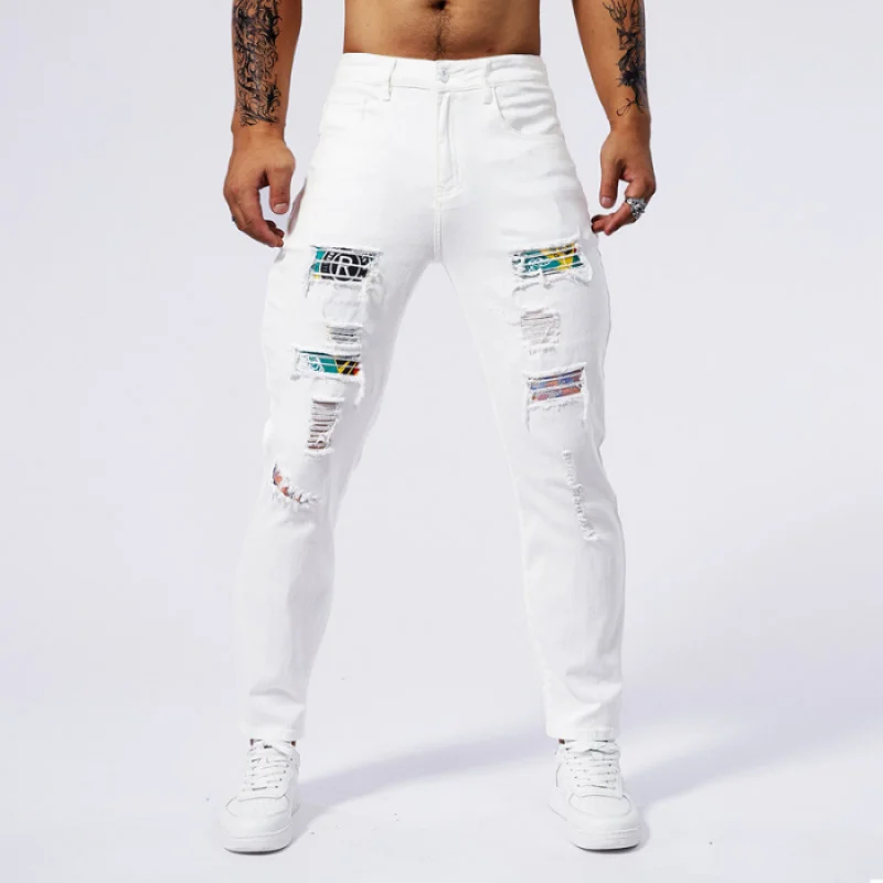 

Broken copper patch white jeans for men's tight and elastic summer 2024 new men's fashion street slim fit small leg long pants