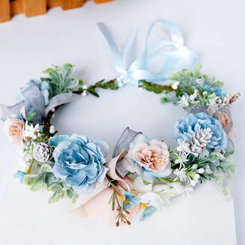 Blue Flower Hair Wreath Headband with Adjustable Ribbon Festivals Wedding Party Headpiece for Women Girl