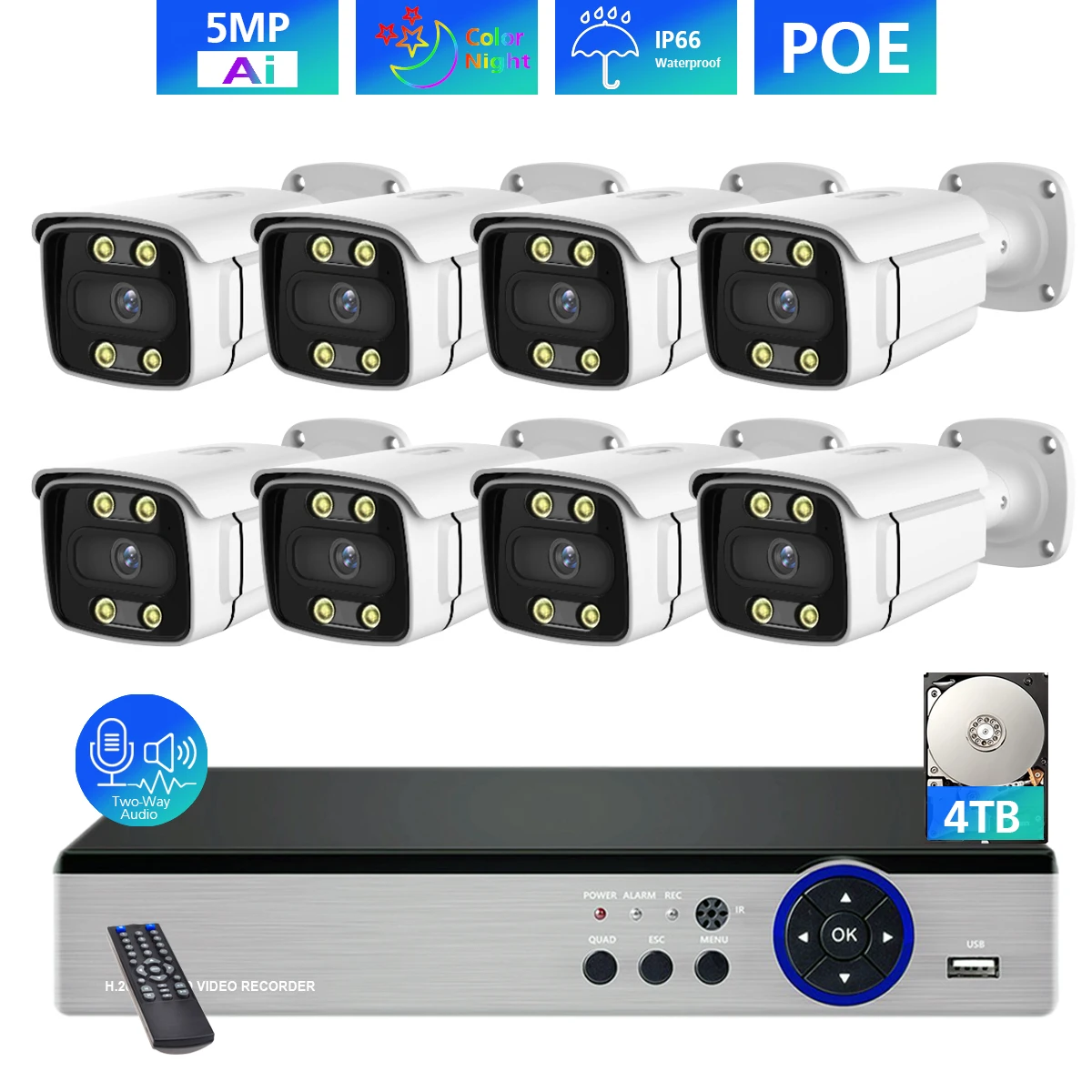 TOPROHOMIE H.265 8CH POE NVR Kit 5MP Ai Color Night Vision Two Way Audio Waterproof IP Security Camera Surveillance System