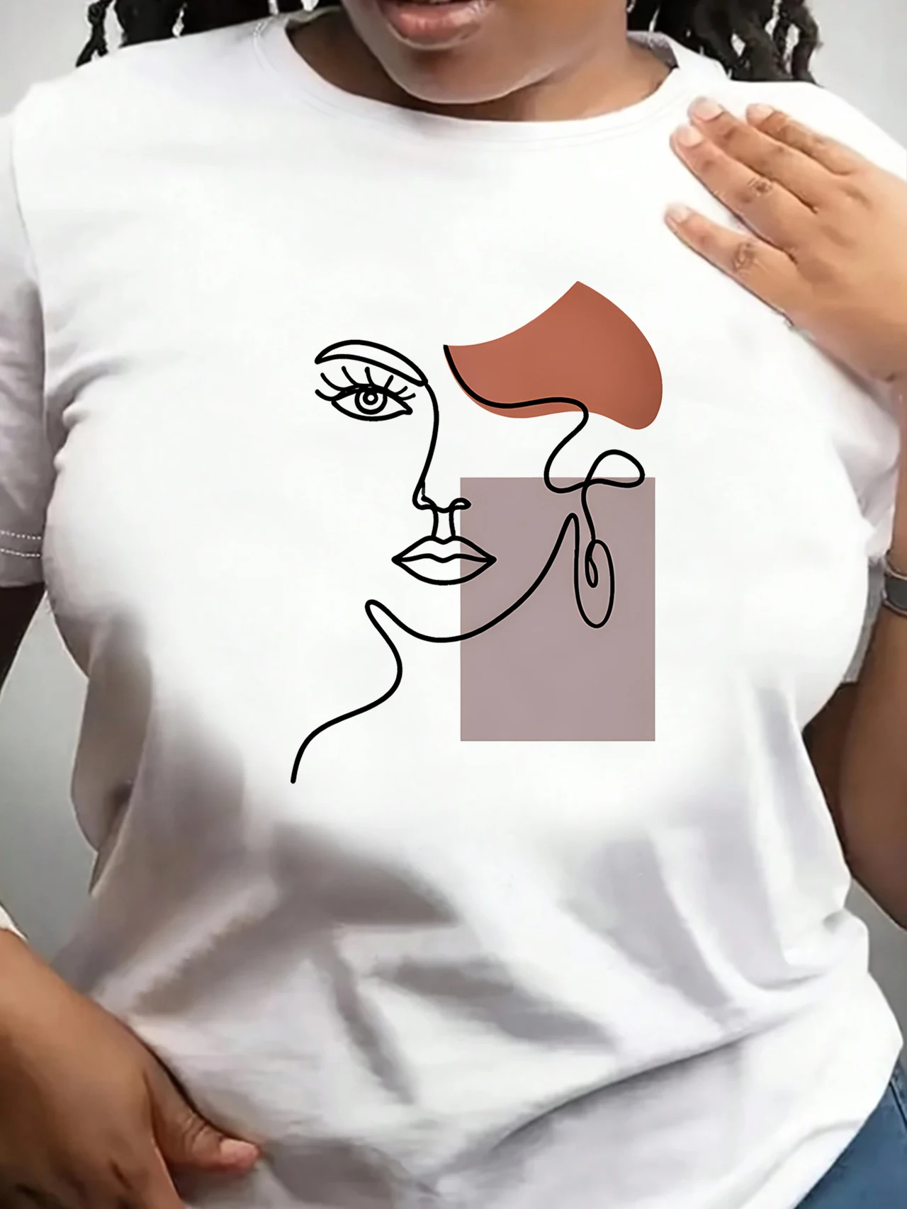 

【ZXH11134】Abstract One Line Art Woman Face Graphic Plus Size Women's Printed Crew Neck T-Shirt Boho Casual Short Sleeve Top