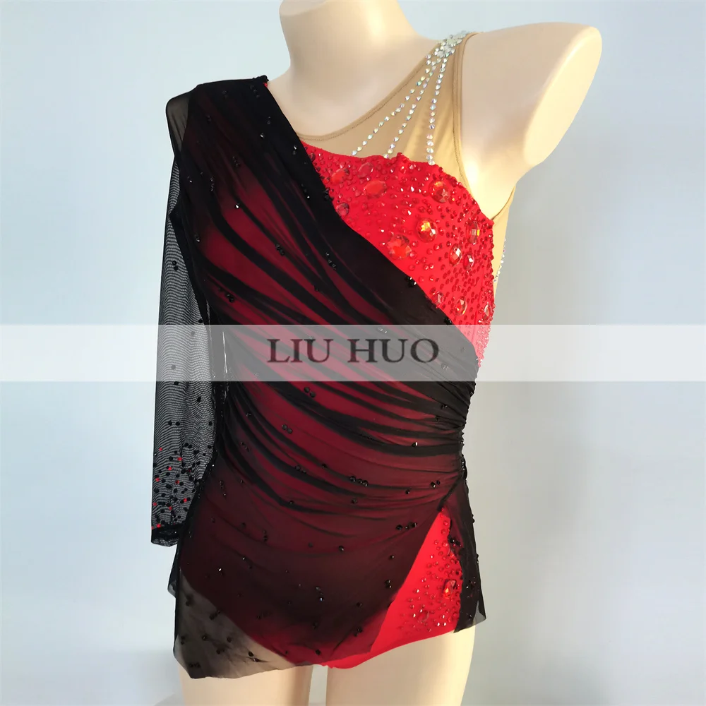 LIUHUO Rhythmic Gymnastics Leotard Aerobics Women Girl Costume Performance Competition Dance Dress Professional Black Red Teens