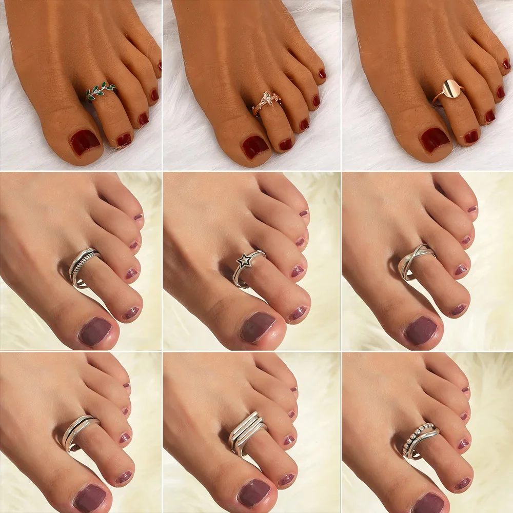 21 Style Choose Retro Feather Geometry Toe Rings Adjustable Opening Finger Ring for Women Boho Beach Foot Ring Travel Jewelry