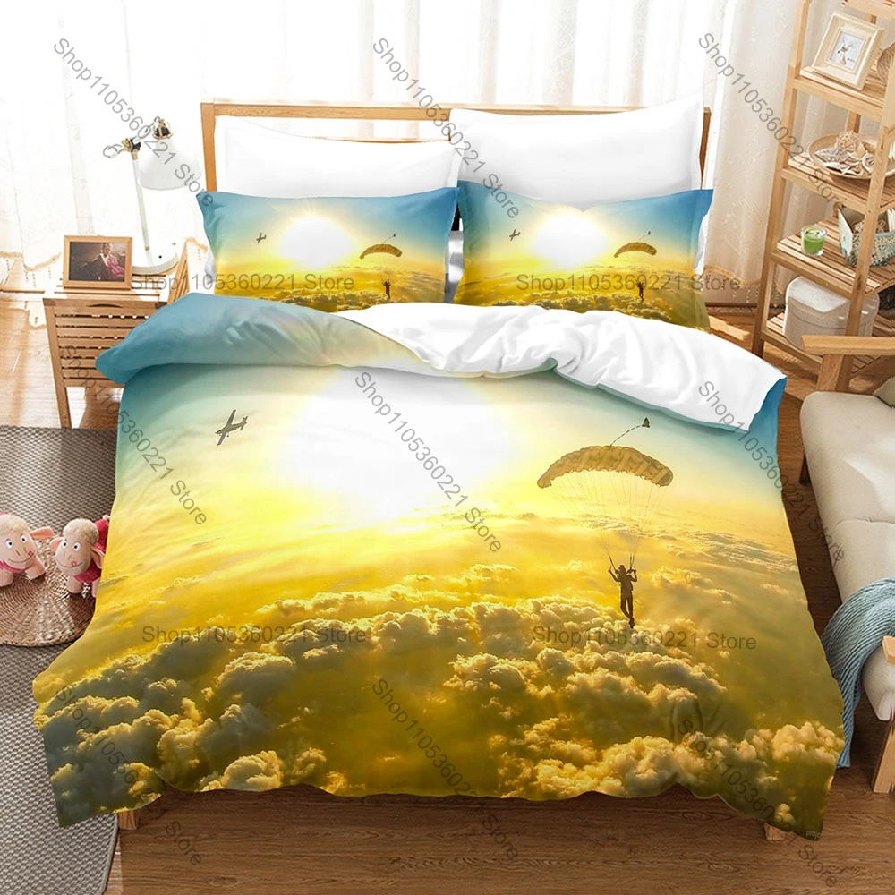 Skydiving 3PCS Bedding Set, Duvet Cover + 2 Pillowcases, Extreme Sport Print Soft Microfiber for Sports Lovers Bedroom Decor