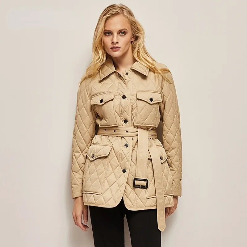 Winter Casual Parkas Rhombus Grid Women Slim Strap Waist Diamond-shaped Plaid Jackets Classic Mid-length Padded Coats Clothes