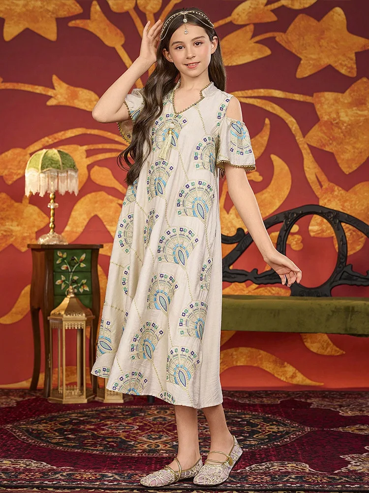 

Дубай, мусульманское детское платье Абая с вышивкой для девочек, Марокко с короткими рукавами, кафтан, исламская детская одежда, арабский халат для вечеринки в честь Ид, Рамадан