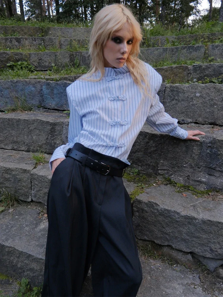 Women Stand Collar Blue Striped Long Sleeve Shirt Fashion Design‑sense Blouse Loose Fit Office Commuter Casual Street 2026 Tops