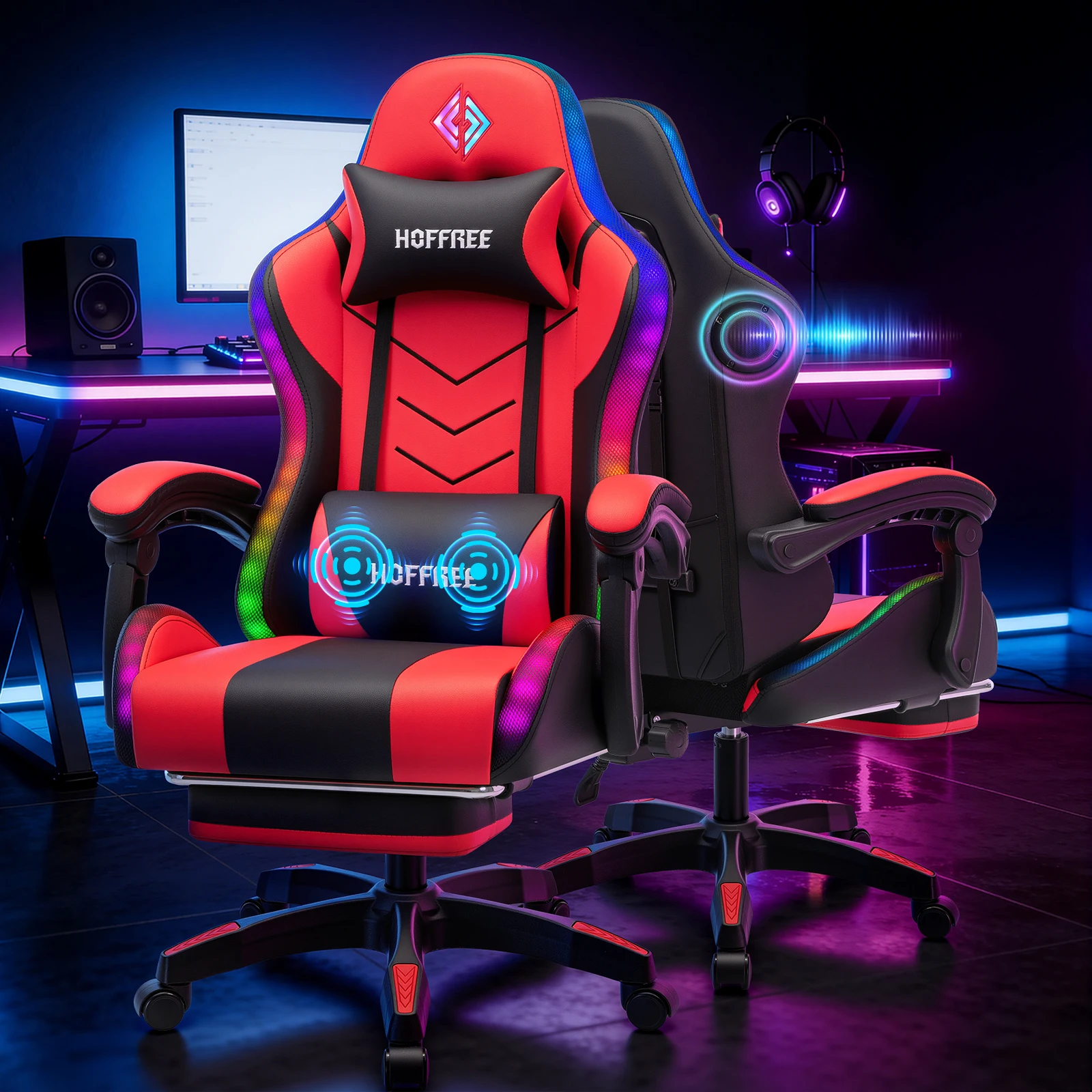 Sedia da Gaming RGB con Altoparlanti, Capacità di Carico 300 lbs, Sedia Ergonomica da Gaming con Massaggio, Luci LED e Poggiapiedi, Schienale Alto per Video