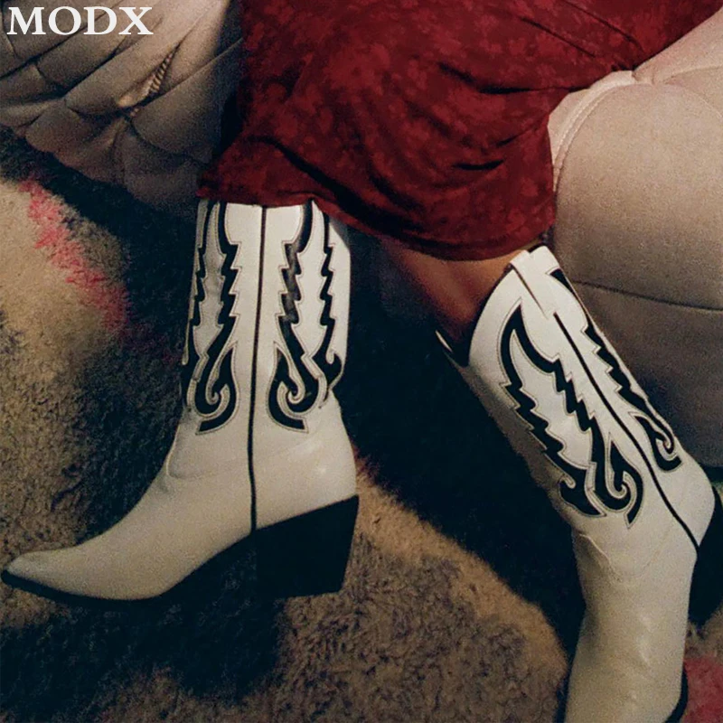 White Mixed Color Leather Pointed Toe Black Embroidered Mid-Calf Cowgirl Boots Fashion Casual Slip-on Western Cowboy Boots Lady