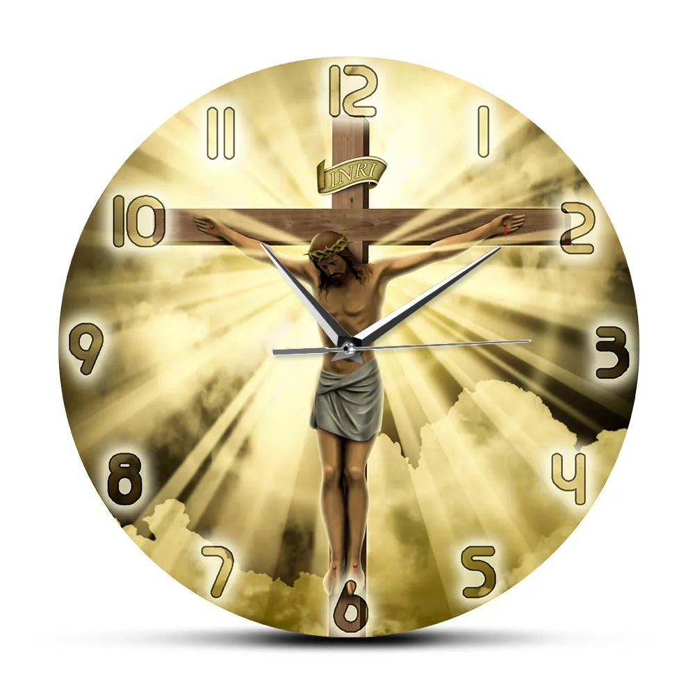 Jesus Christ On Cross Crucifix Religious Wall Clock Catholic Wall Decor Christian God Faith Art Good Friday Silent Quartz Watch