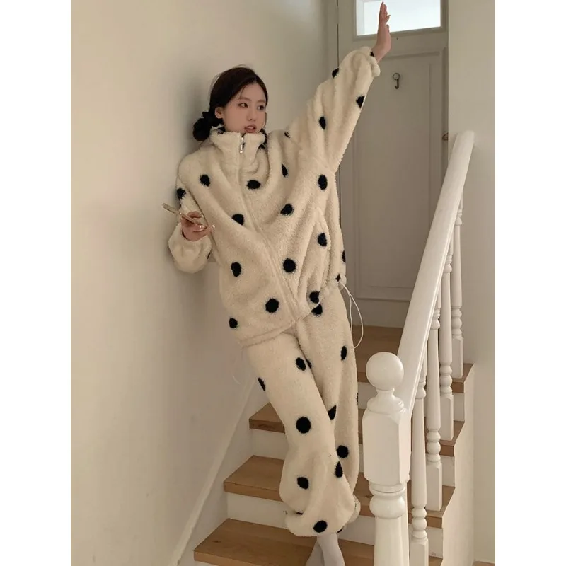 2024 New Women Winter Plus Fleece Thick Sleepwear Stand Collar Zipper Coral Velvet Pajamas Polka-dot Homewear Warm Loungewear