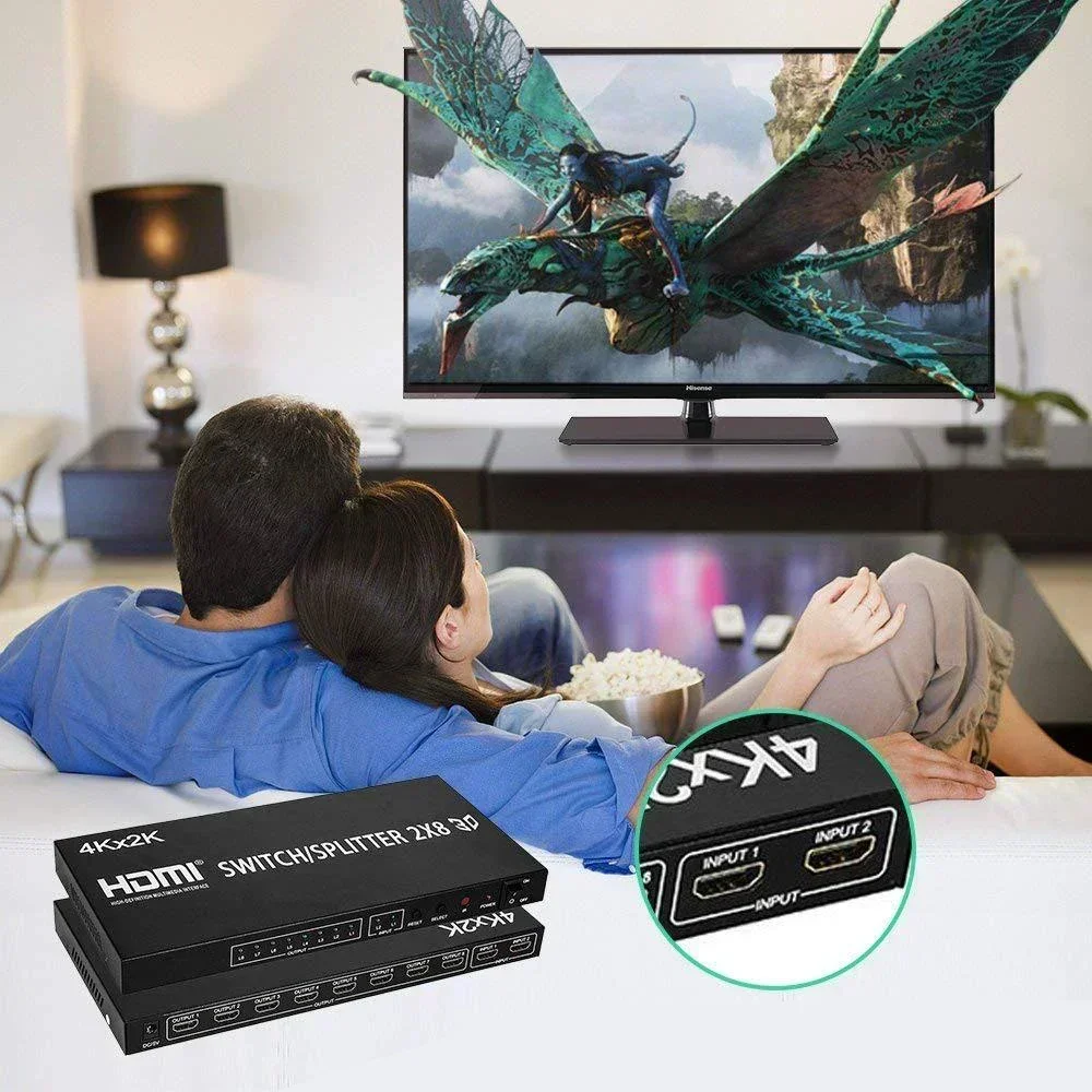 4K 3D HDMI Switch Box Selector 2x8 2 In 8 Out HDMI Splitter 1 to 8 Monitor Display for PS3 PS4 PS5 Xbox DVD PC To TV Projector