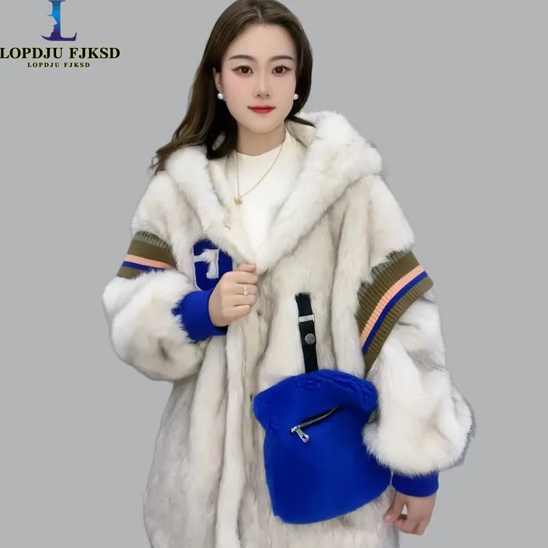 

Faux Fur Coat for Women,Single Breasted Jacket, Loose Spliced Overcoat,England Style,Female Clothes,Hooded,New, Winter